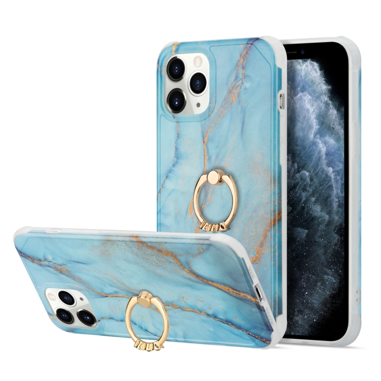 

For iPhone 13 Pro Max Four Corners Shocproof Flow Gold Marble IMD Back Cover Case with Metal Rhinestone Ring(Blue)