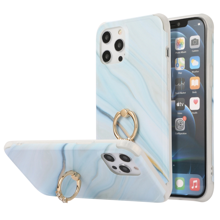 

Four Corners Shocproof Flow Gold Marble IMD Back Cover Case with Metal Rhinestone Ring For iPhone 13(Blue)