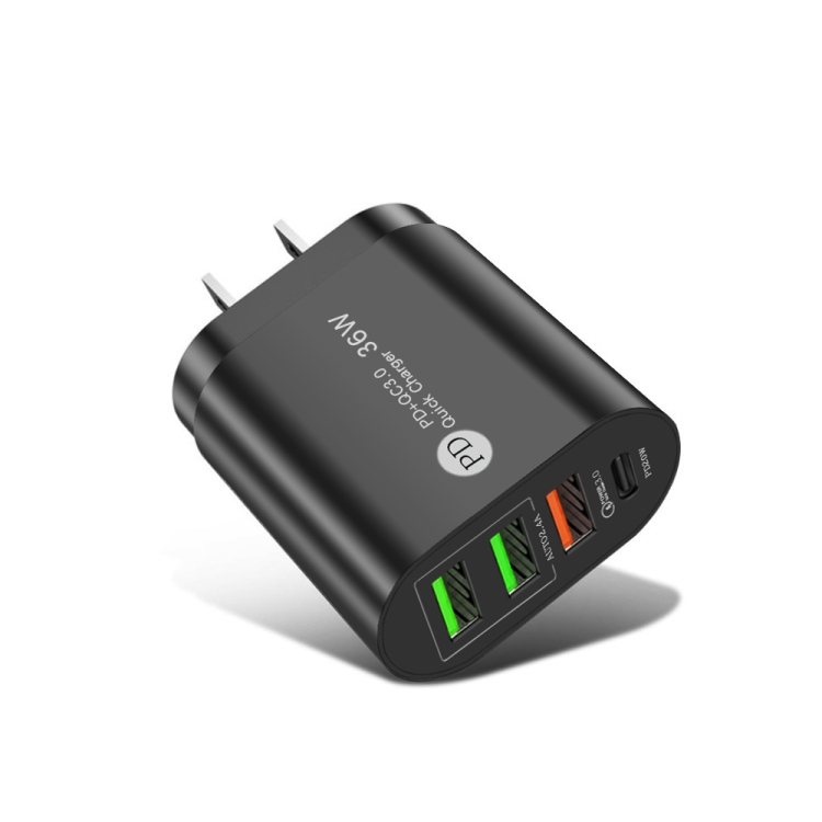 

PD002 PD20W + QC3.0 USB + 2 x USB2.0 Multi Port Phone Tablet Fast Charger, US Plug(Black)