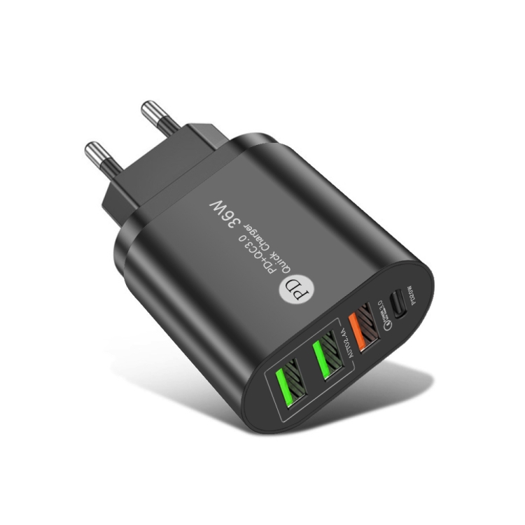 

PD002 PD20W + QC3.0 USB + 2 x USB2.0 Multi Port Phone Tablet Fast Charger, EU Plug(Black)