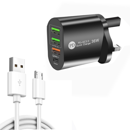 

PD002 PD3.0 + QC3.0 3-Port USB Fast Charger with USB to Micro USB Data Cable, UK Plug(Black)
