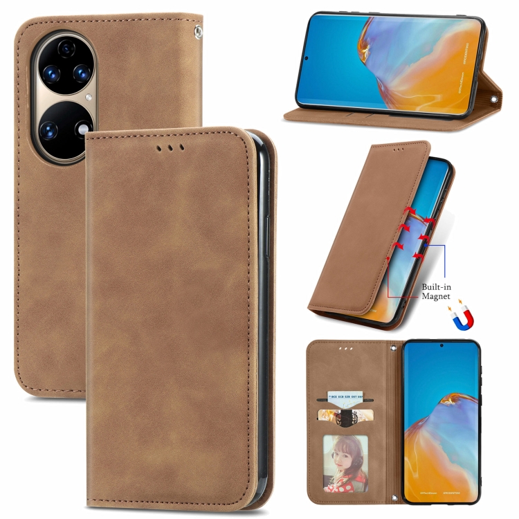 

For Huawei P50 Retro Skin Feel Business Magnetic Horizontal Flip Leather Case with Holder & Card Slots & Wallet & Photo Frame(Brwon)