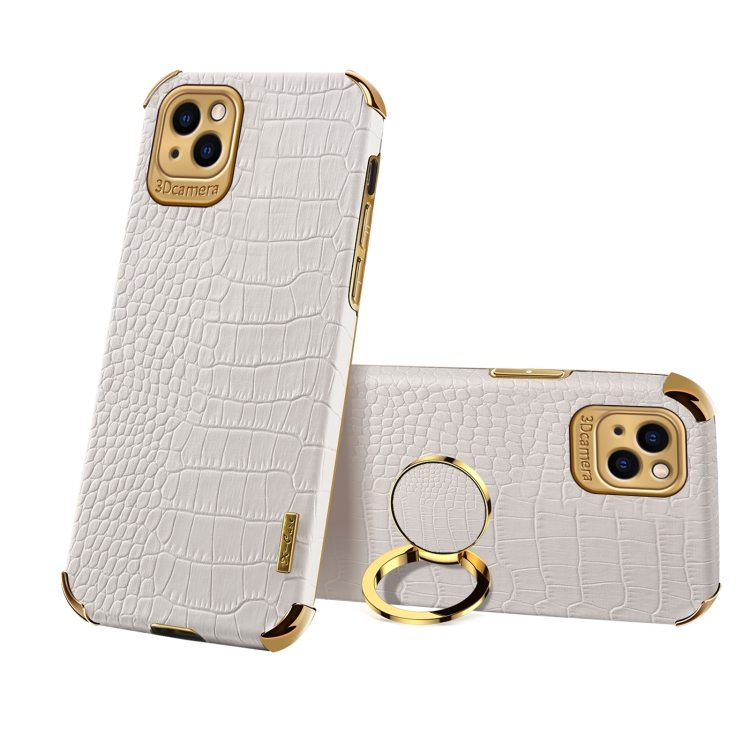 

Electroplated TPU Crocodile Pattern Leather Case with Ring Holder For iPhone 13 mini(White)