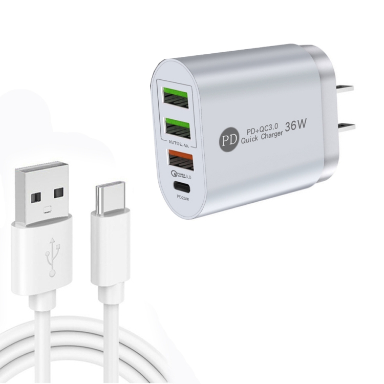 

PD002 PD3.0 + QC3.0 3-Port USB Fast Charger with USB to Type-C Data Cable, US Plug(White)