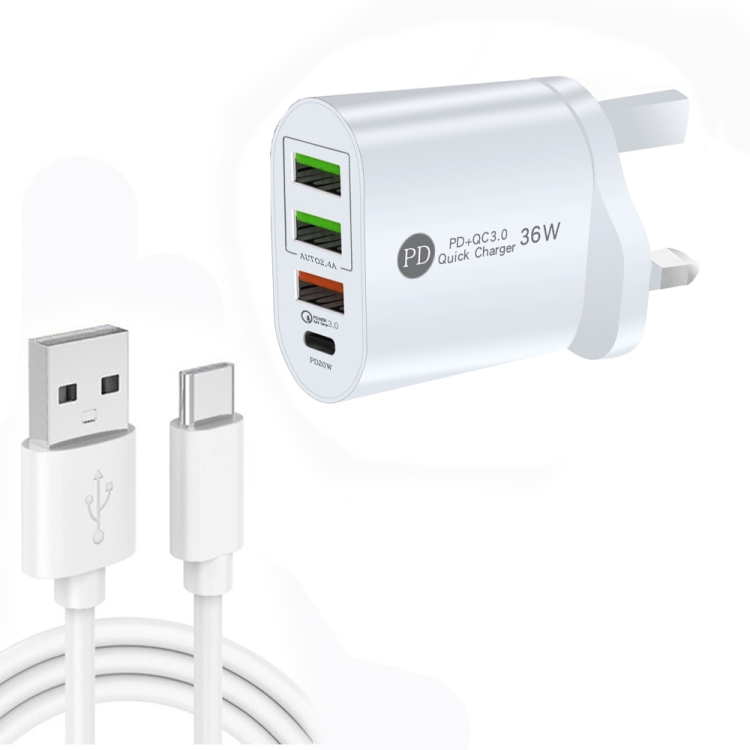 

PD002 PD3.0 + QC3.0 3-Port USB Fast Charger with USB to Type-C Data Cable, UK Plug(White)