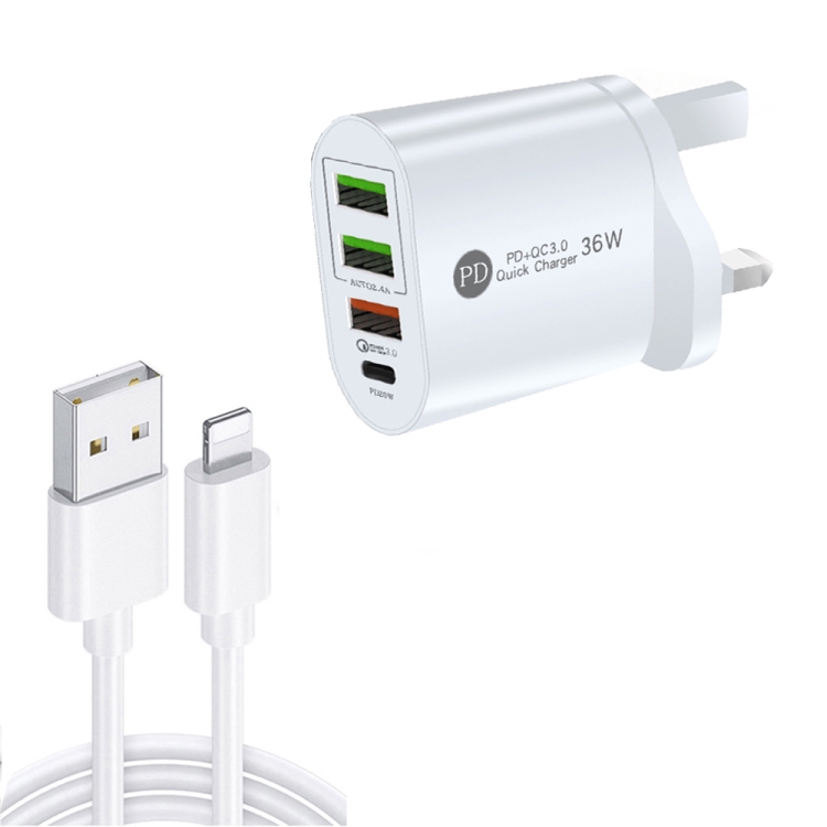 

PD002 PD3.0 + QC3.0 3-Port USB Fast Charger with USB to 8 Pin Data Cable, UK Plug(White)