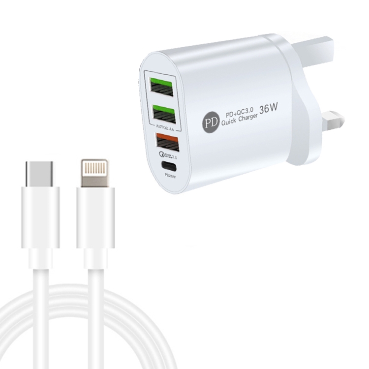 

PD002 PD3.0 + QC3.0 3-Port USB Fast Charger with Type-C to 8 Pin Data Cable, UK Plug(White)