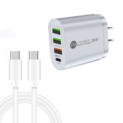 

PD002 PD3.0 + QC3.0 3-Port USB Fast Charger with Type-C to Type-C Data Cable, US Plug(White)