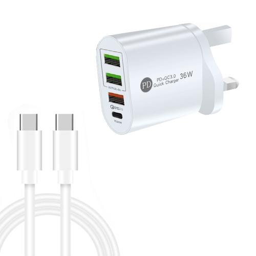 

PD002 PD3.0 + QC3.0 3-Port USB Fast Charger with Type-C to Type-C Data Cable, UK Plug(White)