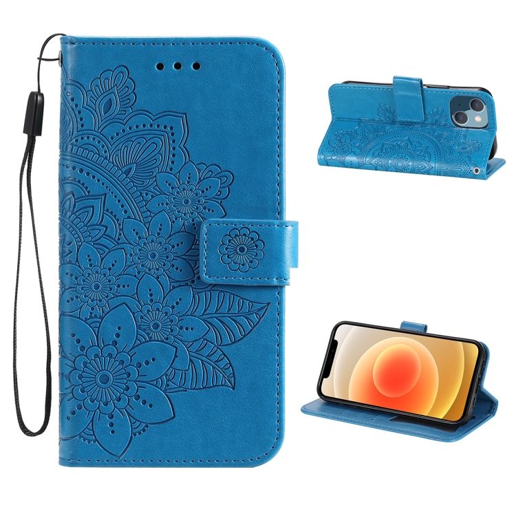 

ENKAY Hat-Prince Flower Embossed Horizontal Flip PU Leather Case with Holder & Card Slots & Wallet & Lanyard for iPhone 13 mini(Blue)