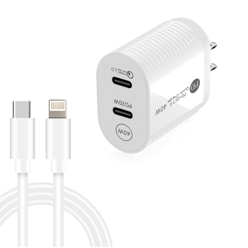 

40W Dual Port PD / Type-C Fast Charger with Type-C to 8 Pin Data Cable, US Plug(White)