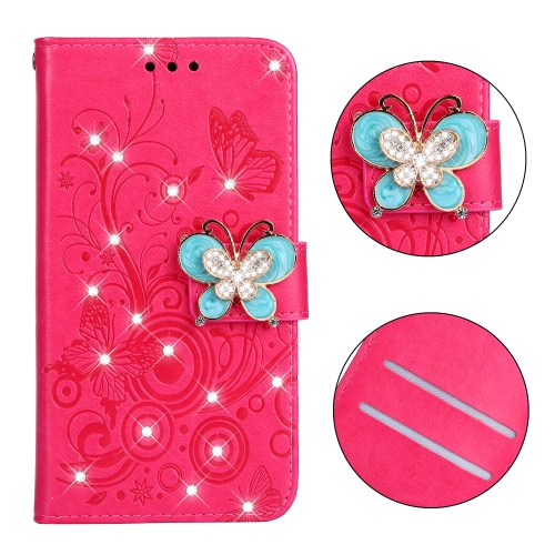 

Diamond Encrusted Butterflies Love Flowers Pattern Horizontal Flip Leather Case for iPhone XR with Holder & Card Slots & Wallet & Lanyard(Butterfly Plum red)