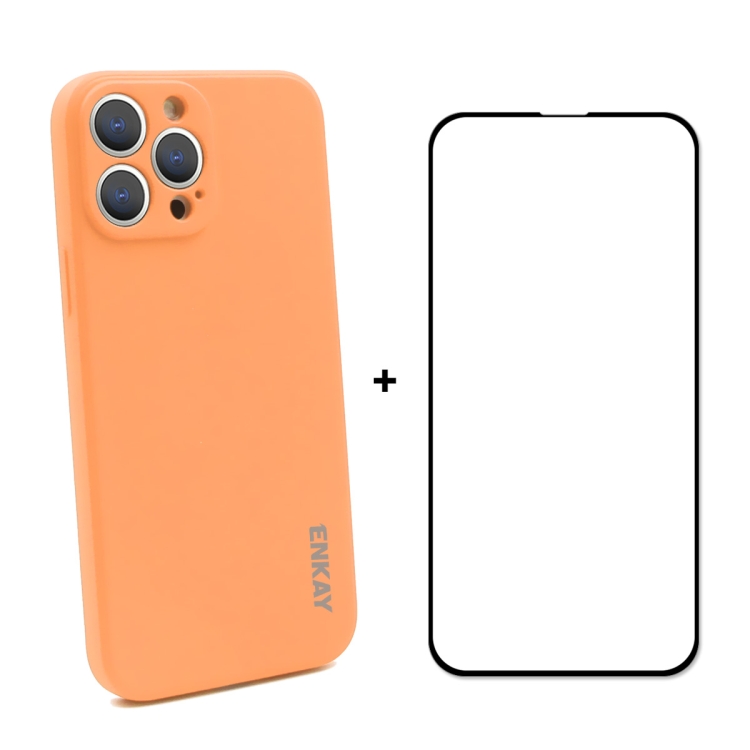 

Hat-Prince ENKAY Liquid Silicone Shockproof Protective Case Drop Protection Cover + Full Coverage Tempered Glass Protector Film for iPhone 13 Pro(Orange)