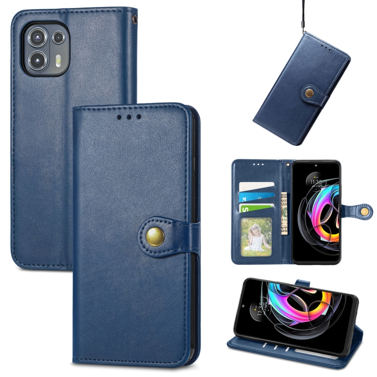 

For Motorola Edge 20 Lite Solid Color Leather Buckle Phone Case with Lanyard & Photo Frame & Card Slot & Wallet & Stand Function(Blue)
