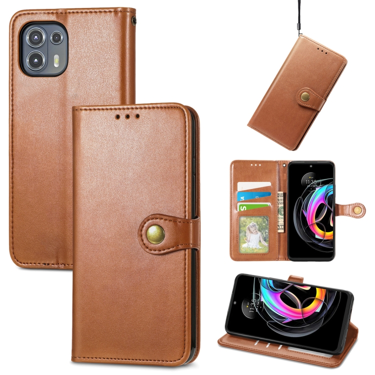 

For Motorola Edge 20 Lite Solid Color Leather Buckle Phone Case with Lanyard & Photo Frame & Card Slot & Wallet & Stand Function(Brwon)