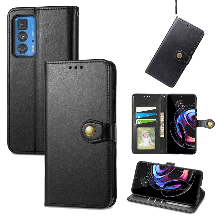 

For Motorola Edge 20 Pro Solid Color Leather Buckle Phone Case with Lanyard & Photo Frame & Card Slot & Wallet & Stand Function(Black)