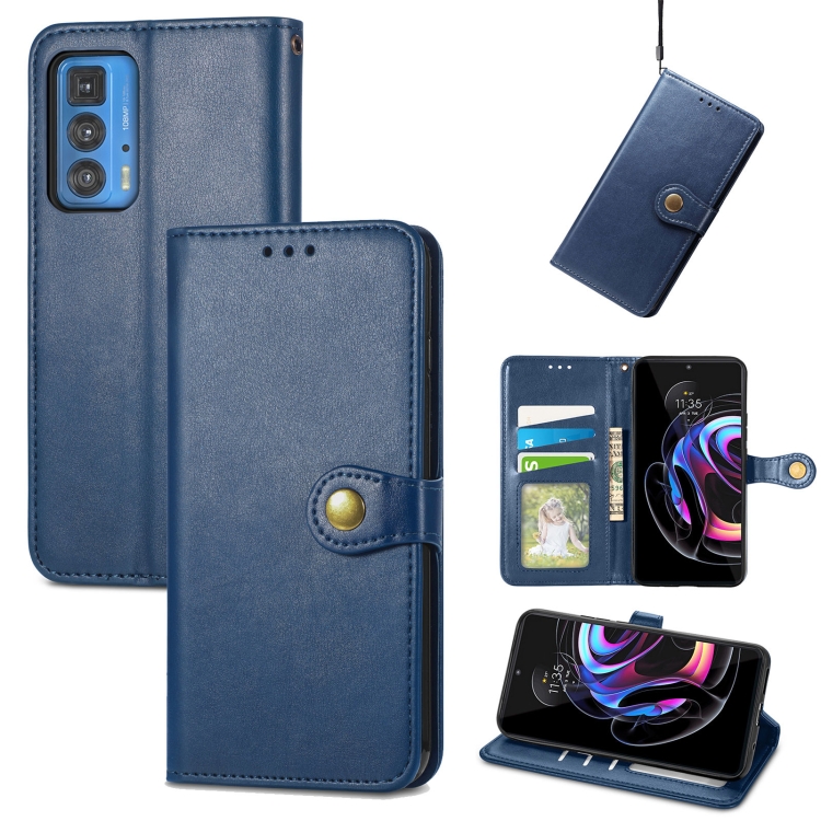 

For Motorola Edge 20 Pro Solid Color Leather Buckle Phone Case with Lanyard & Photo Frame & Card Slot & Wallet & Stand Function(Blue)