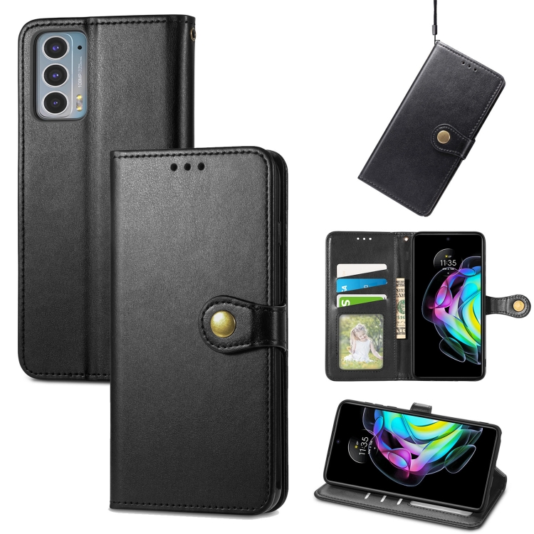 

For Motorola Edge 20 Solid Color Leather Buckle Phone Case with Lanyard & Photo Frame & Card Slot & Wallet & Stand Function(Black)