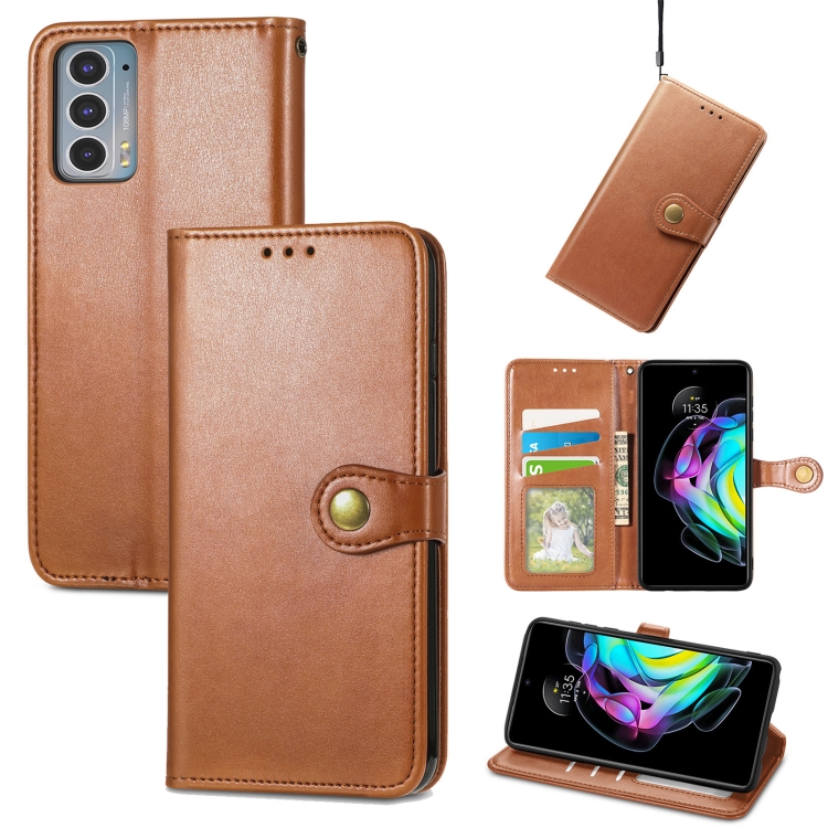

For Motorola Edge 20 Solid Color Leather Buckle Phone Case with Lanyard & Photo Frame & Card Slot & Wallet & Stand Function(Brwon)