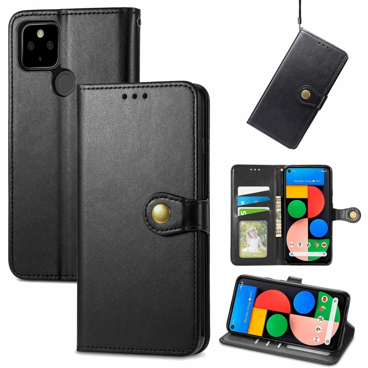 

For Google Pixel 5a 5G Solid Color Leather Buckle Phone Case with Lanyard & Photo Frame & Card Slot & Wallet & Stand Function(Black)