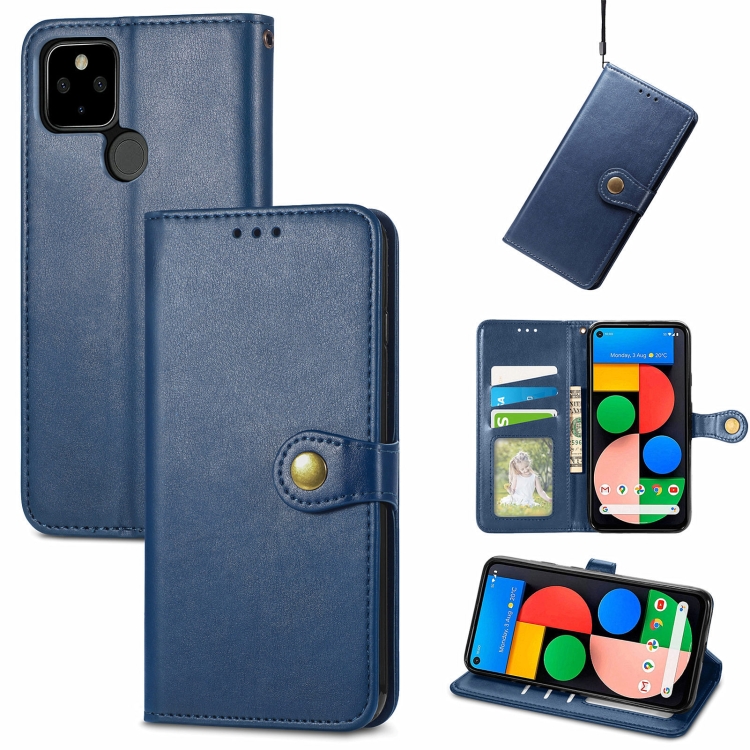 

For Google Pixel 5a 5G Solid Color Leather Buckle Phone Case with Lanyard & Photo Frame & Card Slot & Wallet & Stand Function(Blue)