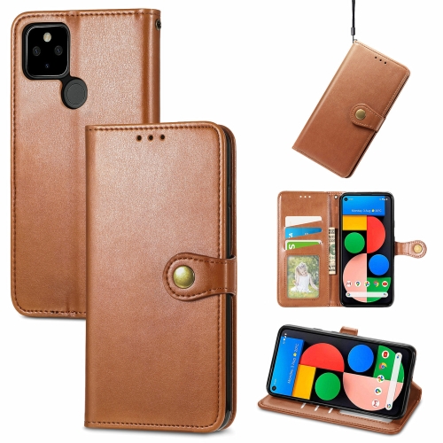 

For Google Pixel 5a 5G Solid Color Leather Buckle Phone Case with Lanyard & Photo Frame & Card Slot & Wallet & Stand Function(Brwon)