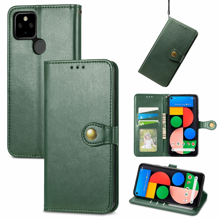 

For Google Pixel 5a 5G Solid Color Leather Buckle Phone Case with Lanyard & Photo Frame & Card Slot & Wallet & Stand Function(Green)