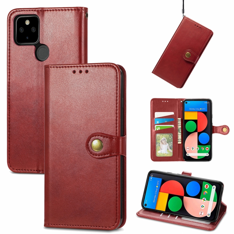 

For Google Pixel 5a 5G Solid Color Leather Buckle Phone Case with Lanyard & Photo Frame & Card Slot & Wallet & Stand Function(Red)