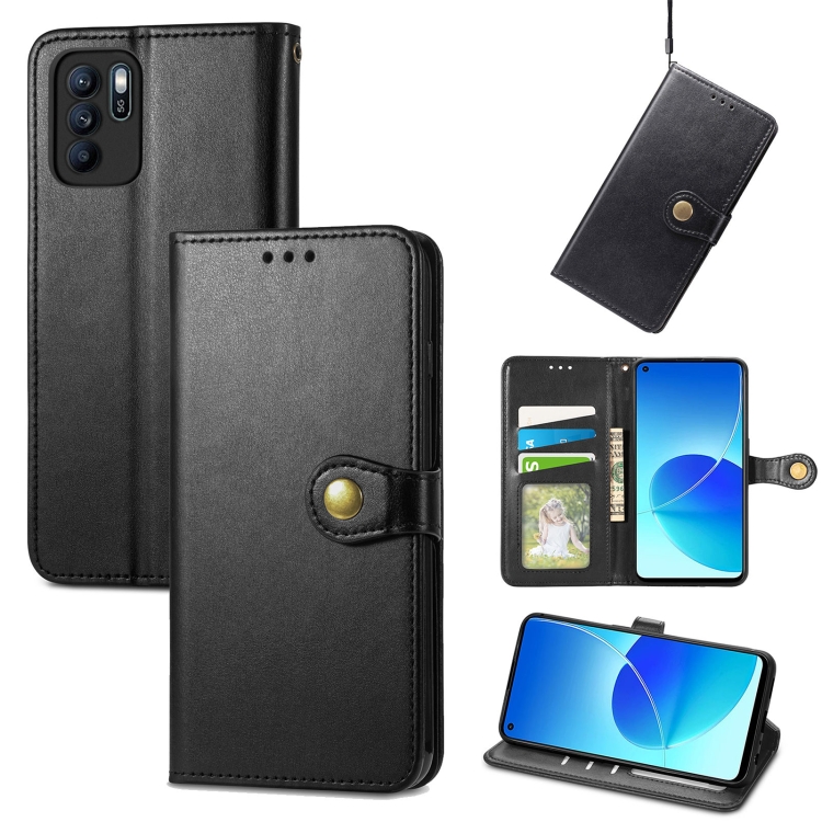 

For OPPO Reno6 Z Solid Color Leather Buckle Phone Case with Lanyard & Photo Frame & Card Slot & Wallet & Stand Function(Black)