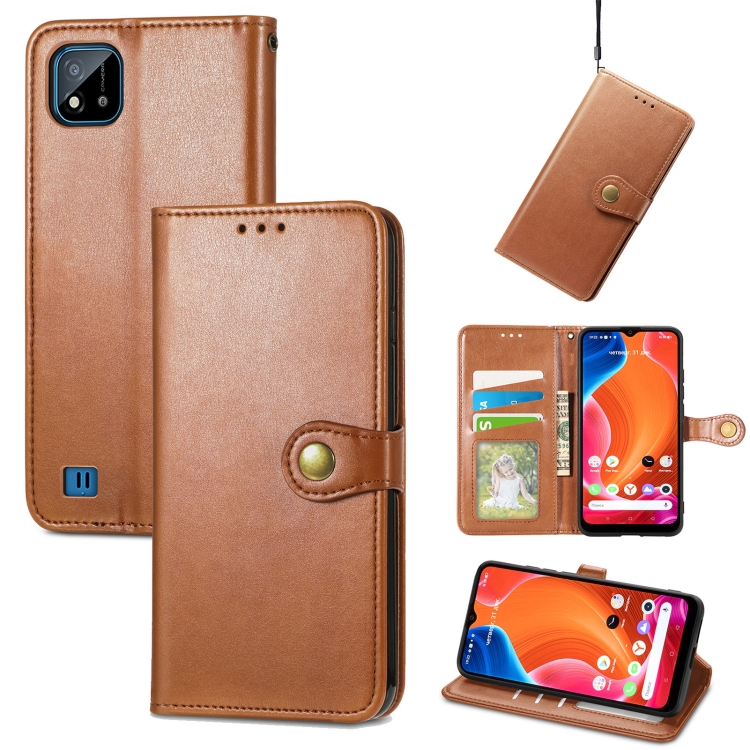 

For OPPO Realme C20 Solid Color Leather Buckle Phone Case with Lanyard & Photo Frame & Card Slot & Wallet & Stand Function(Brwon)