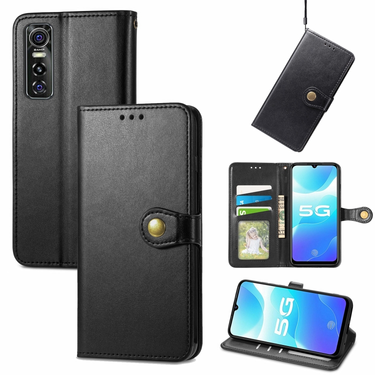 

For vivo S7e Solid Color Leather Buckle Phone Case with Lanyard & Photo Frame & Card Slot & Wallet & Stand Function(Black)