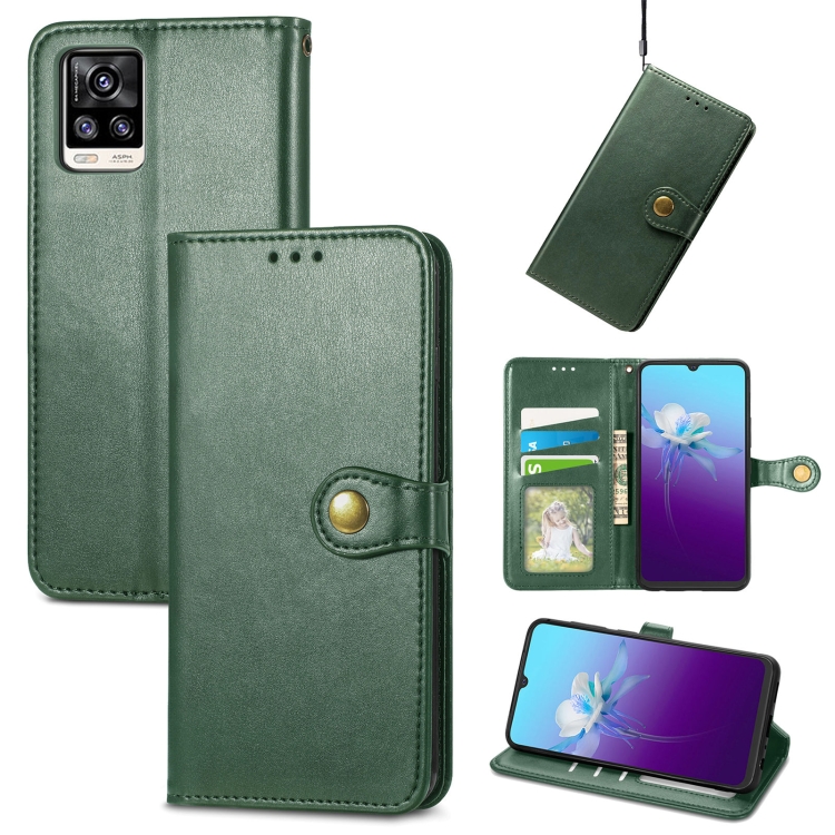 

For vivo V20 2021 Solid Color Leather Buckle Phone Case with Lanyard & Photo Frame & Card Slot & Wallet & Stand Function(Green)