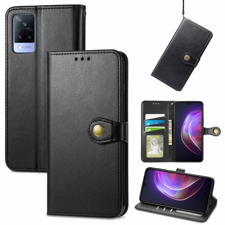 

For vivo V21 5G Solid Color Leather Buckle Phone Case with Lanyard & Photo Frame & Card Slot & Wallet & Stand Function(Black)