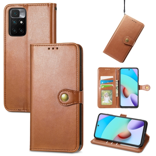 

For Xiaomi Redmi 10 Solid Color Leather Buckle Phone Case with Lanyard & Photo Frame & Card Slot & Wallet & Stand Function(Brwon)