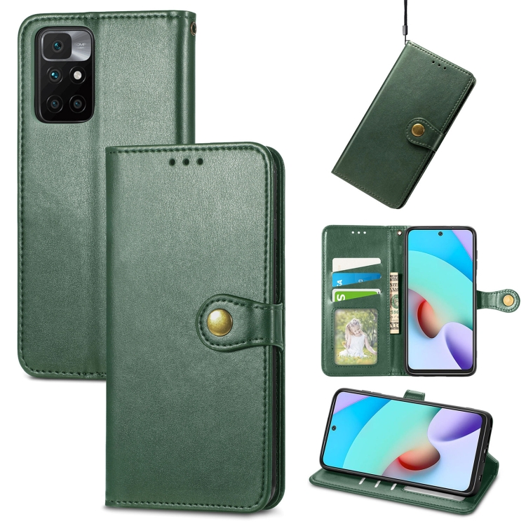 

For Xiaomi Redmi 10 Solid Color Leather Buckle Phone Case with Lanyard & Photo Frame & Card Slot & Wallet & Stand Function(Green)