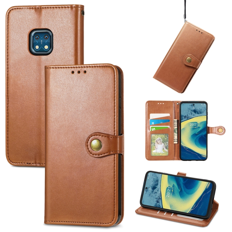

For Nokia XR 20 Solid Color Leather Buckle Phone Case with Lanyard & Photo Frame & Card Slot & Wallet & Stand Function(Brwon)