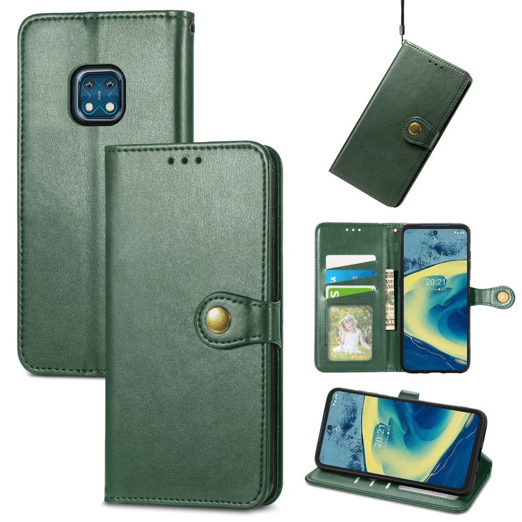 

For Nokia XR 20 Solid Color Leather Buckle Phone Case with Lanyard & Photo Frame & Card Slot & Wallet & Stand Function(Green)