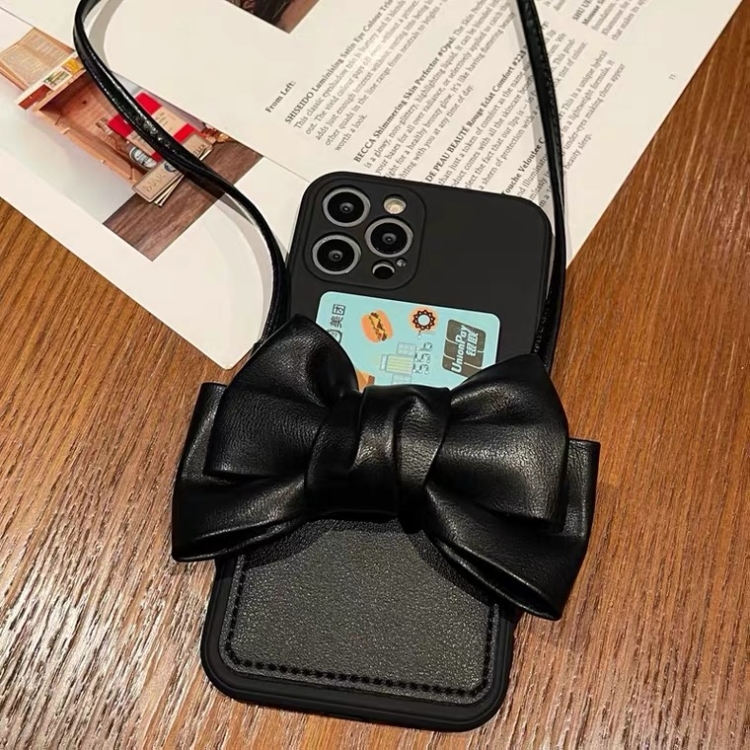 

Fashionable Bowknot Crossbody Leather Card Bag Back Cover Case For iPhone 13 mini(Black)
