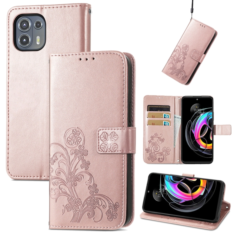 

For Motorola Edge 20 Lite Four-leaf Clasp Embossed Buckle Mobile Phone Protection Leather Case with Lanyard & Card Slot & Wallet & Bracket Function(Rose Gold)