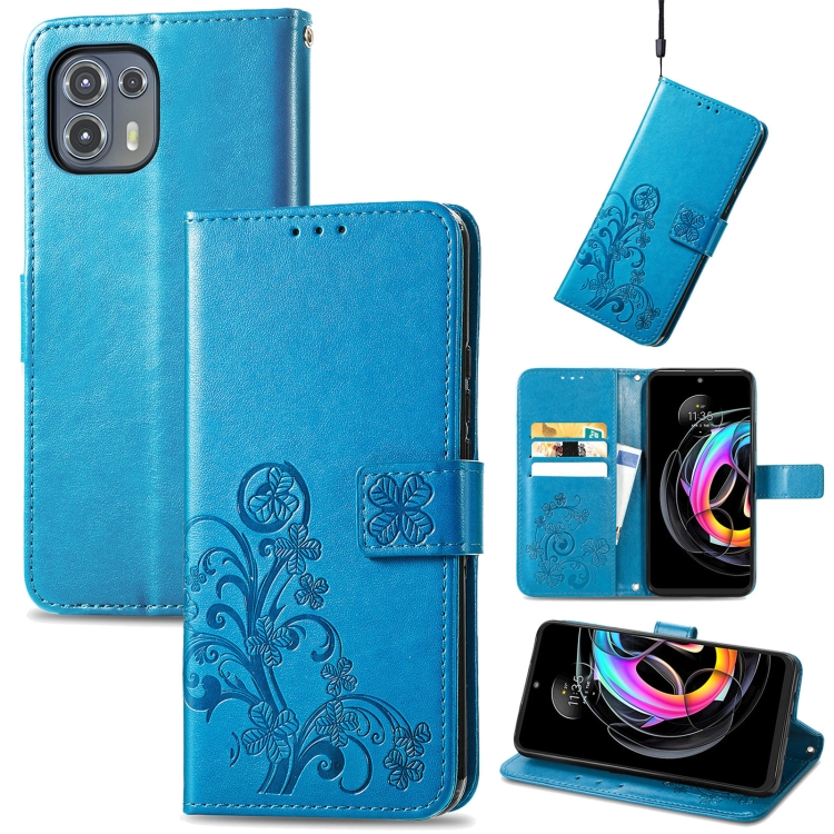 

For Motorola Edge 20 Lite Four-leaf Clasp Embossed Buckle Mobile Phone Protection Leather Case with Lanyard & Card Slot & Wallet & Bracket Function(Blue)
