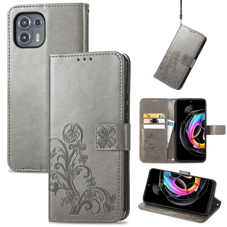 

For Motorola Edge 20 Lite Four-leaf Clasp Embossed Buckle Mobile Phone Protection Leather Case with Lanyard & Card Slot & Wallet & Bracket Function(Grey)