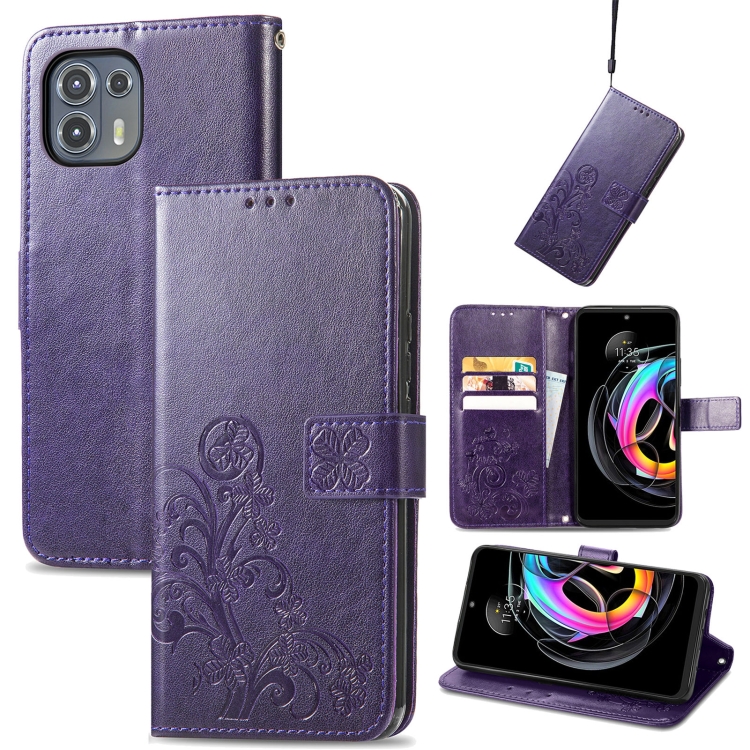

For Motorola Edge 20 Lite Four-leaf Clasp Embossed Buckle Mobile Phone Protection Leather Case with Lanyard & Card Slot & Wallet & Bracket Function(Purple)