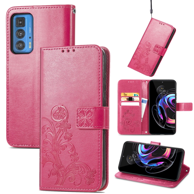 

For Motorola Edge 20 Pro Four-leaf Clasp Embossed Buckle Mobile Phone Protection Leather Case with Lanyard & Card Slot & Wallet & Bracket Function(Magenta)