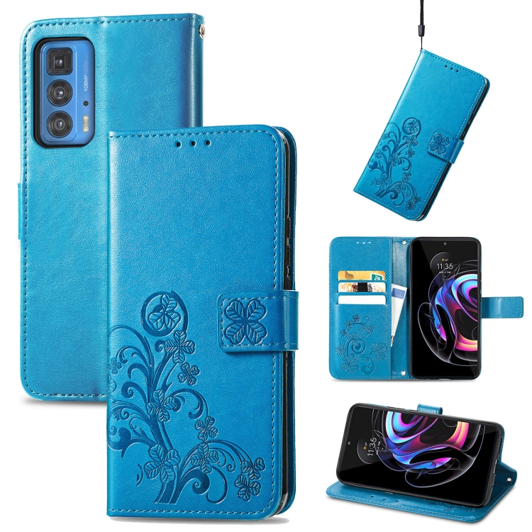 

For Motorola Edge 20 Pro Four-leaf Clasp Embossed Buckle Mobile Phone Protection Leather Case with Lanyard & Card Slot & Wallet & Bracket Function(Blue)