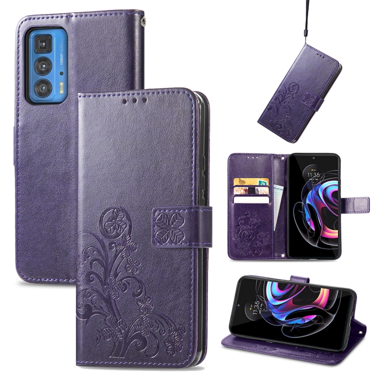 

For Motorola Edge 20 Pro Four-leaf Clasp Embossed Buckle Mobile Phone Protection Leather Case with Lanyard & Card Slot & Wallet & Bracket Function(Purple)