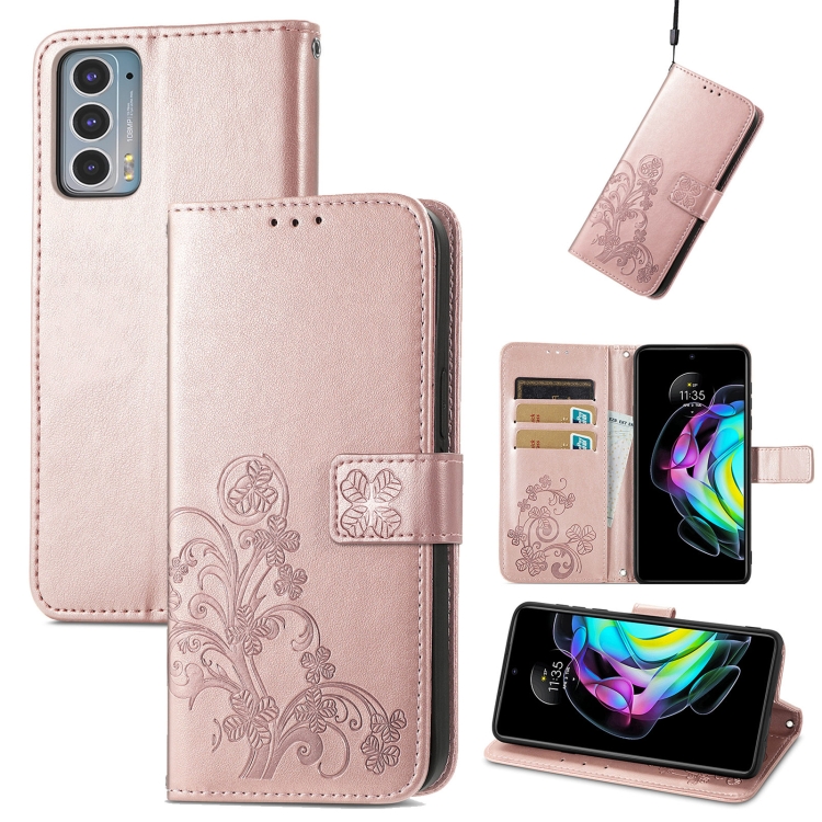 

For Motorola Edge 20 Four-leaf Clasp Embossed Buckle Mobile Phone Protection Leather Case with Lanyard & Card Slot & Wallet & Bracket Function(Rose Gold)