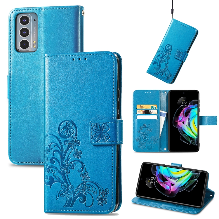 

For Motorola Edge 20 Four-leaf Clasp Embossed Buckle Mobile Phone Protection Leather Case with Lanyard & Card Slot & Wallet & Bracket Function(Blue)