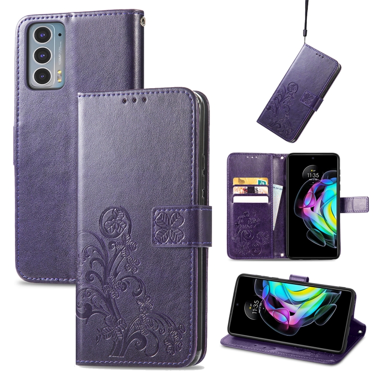 

For Motorola Edge 20 Four-leaf Clasp Embossed Buckle Mobile Phone Protection Leather Case with Lanyard & Card Slot & Wallet & Bracket Function(Purple)