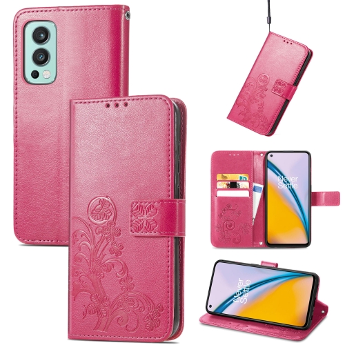 

For OnePlus Nord 2 5G Four-leaf Clasp Embossed Buckle Mobile Phone Protection Leather Case with Lanyard & Card Slot & Wallet & Bracket Function(Magenta)