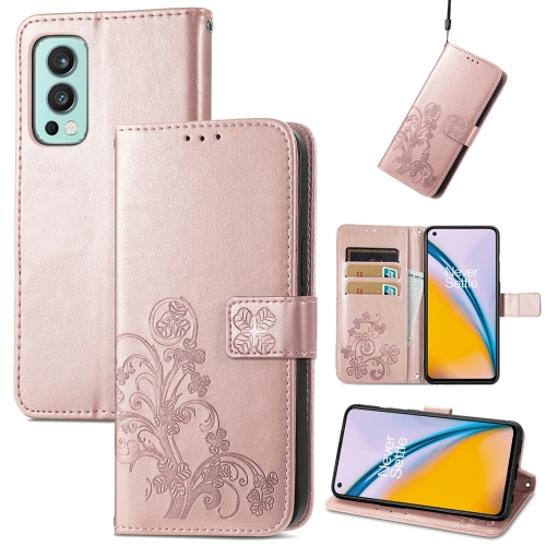 

For OnePlus Nord 2 5G Four-leaf Clasp Embossed Buckle Mobile Phone Protection Leather Case with Lanyard & Card Slot & Wallet & Bracket Function(Rose Gold)